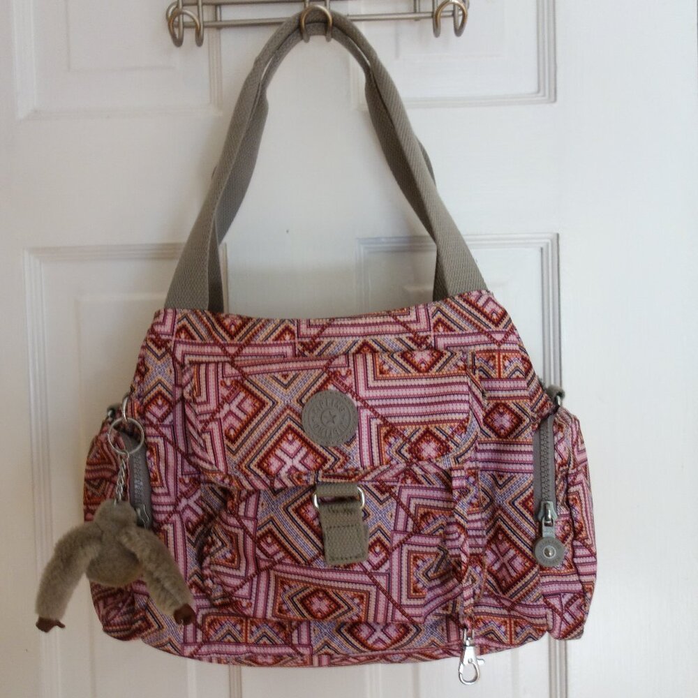 KIPLING Pink Multi-color geometric print shoulder purse w/ Nathan gorilla charm
